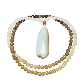 Chinese Hetian Jade Original Stone Pendant w Hand Woven Beads Necklace