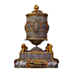 Old Tibetan Silver Wires Inlay DZI Agate & Turquoise Prayer Wheel Statue