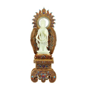 Exquisite Chinese Hetian Jade Carved Buddha Statue w Gold Wire Enamel Base