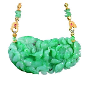 Exquisite Jadeite Carved Nine-tailed Fox & Peony Pendant w Hand Woven Beads Necklace