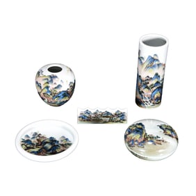 A Set Chinese Famille Rose Mountain River Scene Design Porcelain Writing Instrument