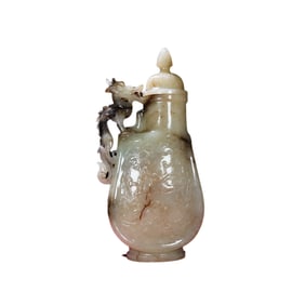 Superb Vintage Chinese Hetian Jade Carved Fotune Dragon Pot