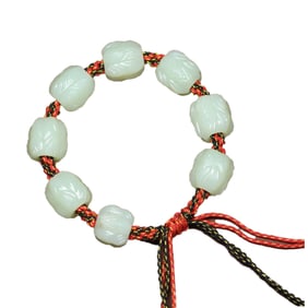 Hand Woven Chinese Hetian Jade Carved Lotus Flower Beads Bracelet
