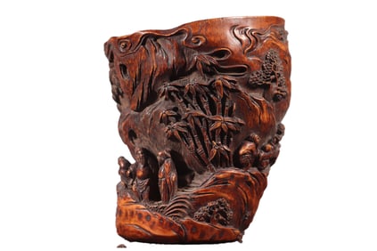 Vintage Chinese Bamboo Carved Sages Meeting Brush Pot