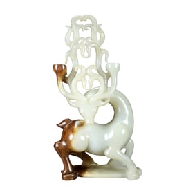 Superb Vintage Chinese Hetian Jade Carved Fortune Deer Statue