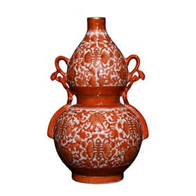 Chinese Gilt Edge Iron Red Glaze Gourd Shape Porcelain Vase
