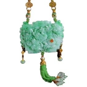 Exquisite Jadeite Carved Phoenix & Peony Pendant w Hand Woven Beeswax Beads Necklace