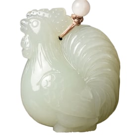 Chinese Hetian Jade Carved Rooster Pendant w Certificate