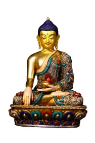 Tibetan Buddhism Gilt Gold Copper Inlay Turquoise & Gems Siddhartha Buddha Statue