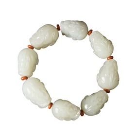 Hand Woven Chinese Hetian Jade Carved Fortune Pixiu Beads Bracelet w Certificate