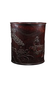 Chinese Zitan Wood Low Relief Playing Chess Old Men Design Brush Pot