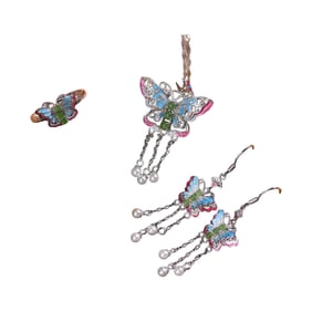 A Set Chinese 925 Silver Enamel Inlay Hetian Jade Pendant & Earrings & Ring