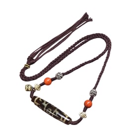 Old Tibetan 3 Eye DZI Agate Lucky Pendant w Hand Woven Beads Necklace
