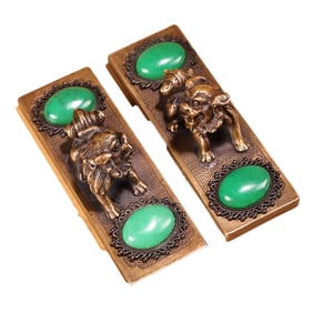 A Pair Chinese Gilt Gold Copper Inlay Green Jade Fortune Lion Paperweight