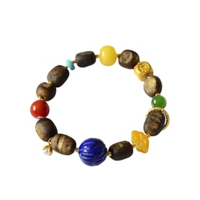 Hand Woven Chenxiang Wood & Lapis Lazuli & Beeswax & Nanhong Agate & Green Hetian Jade Bead Bracelet