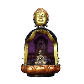 Vintage Chinese Gilt Gold Copper Buddha Statue & Peking Glass Shrines