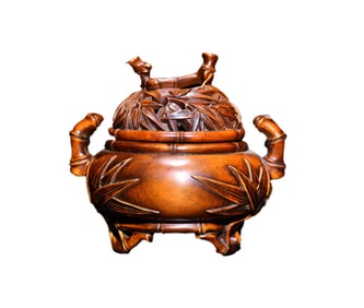 Vintage Chinese Boxwood Wood Carved Fortune Bamboo Incense Burner