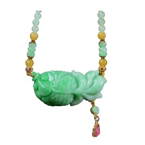 Exquisite Jadeite Carved Goldfish Pendant w Hand Woven Jadeite & Beeswax Beads Necklace
