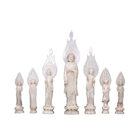 A Set 7 Vintage Chinese Hetian Jade Carved Buddha Statues