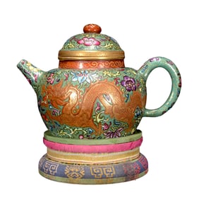 Chinese Famille Rose Enamel Yixing Zisha Clay Fortune Dragon Teapot w Artist Signed