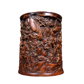 Vintage Chinese Boxwood Wood Carved Eighteen Arhats Brush Pot