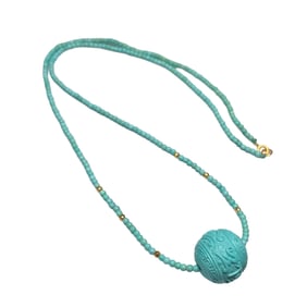 High Quality Natural Turquoise Carved Lucky Bead Pendant w Hand Woven Beads Necklace