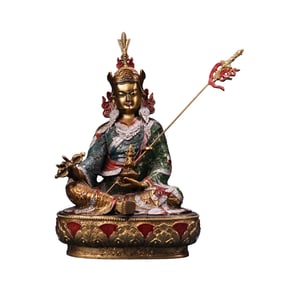 Tibetan Buddhism Colored Drawing Gilt Gold Copper Padmasambhava Buddha Statue