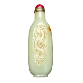Chinese Hetian Jade Low Relief Chi Dragon Snuff Bottle