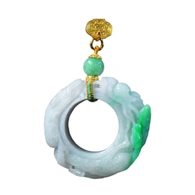 Exquisite Jadeite Carved Fortune Dragon Thumb Ring Pendant w Hand Woven Jadeite Beads Necklace
