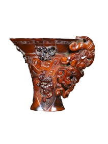Vintage Ox Horn Carved Chi Dragon Sacrifice Wine Cup