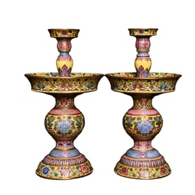 A Pair Chinese Qing Dynasty Gilt Edge Famille Rose Flowers Design Porcelain Candlestick