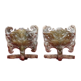 A Pair Vintage Chinese Hetian Jade Carved Divine Beast Door Knocker
