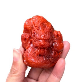 Chinese Nanhong Agate Carved Fortune Dragon Statue