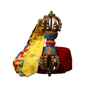 Tibetan Gilt Gold Copper Inlay Turquoise & Gems Pestle Xiangmo Statue