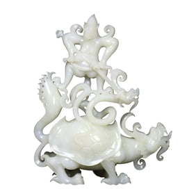 Superb Chinese White Hetian Jade Carved Divine Beast & Buddha Statue