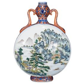 Chinese Qing Dynasty Famille Rose Mountain River Scene Design Porcelain Vase