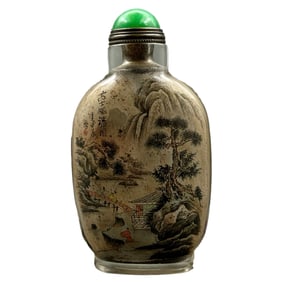 Old Chinese Peking Glass Inside Painting Mountain River Scene Design Snuff Bottle w Stopper