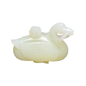 Chinese Hetian Jade Carved Swan & Lotus Pod Pendant