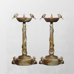 A Pair Vintage Chinese Hetian Jade Candlesticks