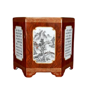 Chinese Qing Dynasty Wood Grain Glaze Mocai Mountain River Scene Design Porcelain Brush Pot