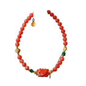 Hand Woven Exquisite Red Coral & Green Jadeite Beads 18K Gold Buckle Bracelet