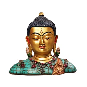 Tibetan Buddhism Gilt Gold Copper Inlay Turquoise & Gems Buddha Head Statue