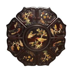 Chinese Zitan Wood Inlay Shoushan Stone & Shell Flowers Bird Design Jewellery Box