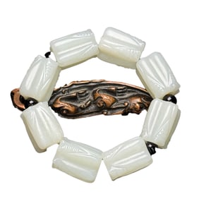 Chinese Hetian Jade Carved Fortune Cicada Beads Bracelet