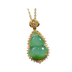 Chinese 925 Silver Inlay Green Hetian Jade Carved Gourd Pendant