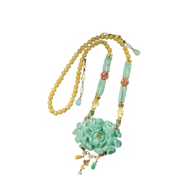 Exquisite Jadeite Carved Peony Pendant w Hand Woven Beeswax Beads Necklace