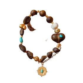 Hand Woven Chenxiang Wood Inlay Turquoise & Bone Beads Bracelet