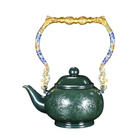 Superb Chinese Green Hetian Jade Carved Flowers Bird Design Handle Teapot