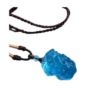 Beautiful Natural Aquamarine Carved Fortune Pixiu Pendant w Hand Woven Necklace
