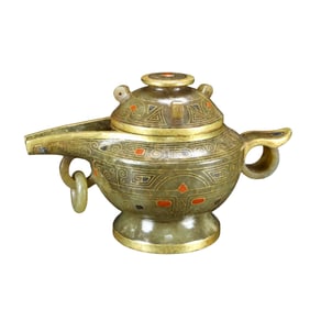 Vintage Chinese Gilt Gold Hetian Jade Wine Pot